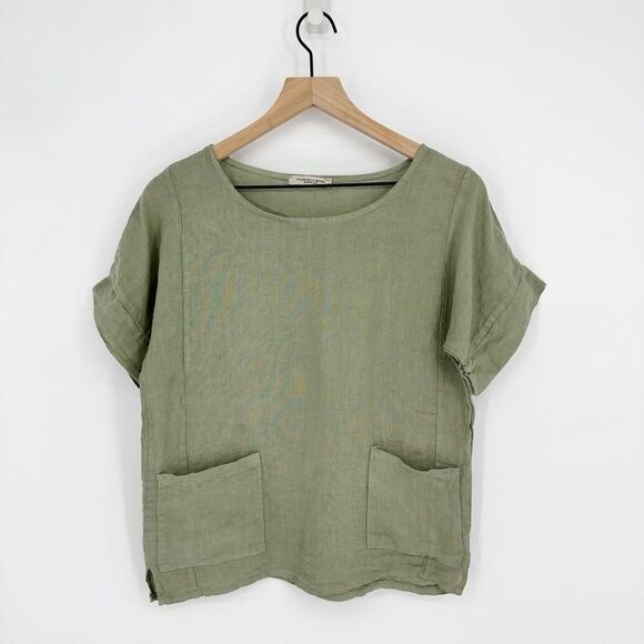Francesca Bettini Lightweight Linen Boxy Top Short Sleeve Sage Green Women's S - Picture 1 of 6